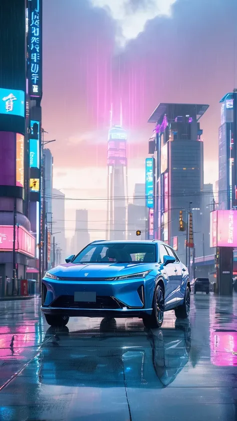 D5X,A sleek,futuristic  blue car is speeding down the wet streets of a cyberpunk city at night. The neon lights from towering skyscrapers reflect off the rain-soaked pavement,casting a vibrant glow on the scene. The city is filled with tall buildings adorn...