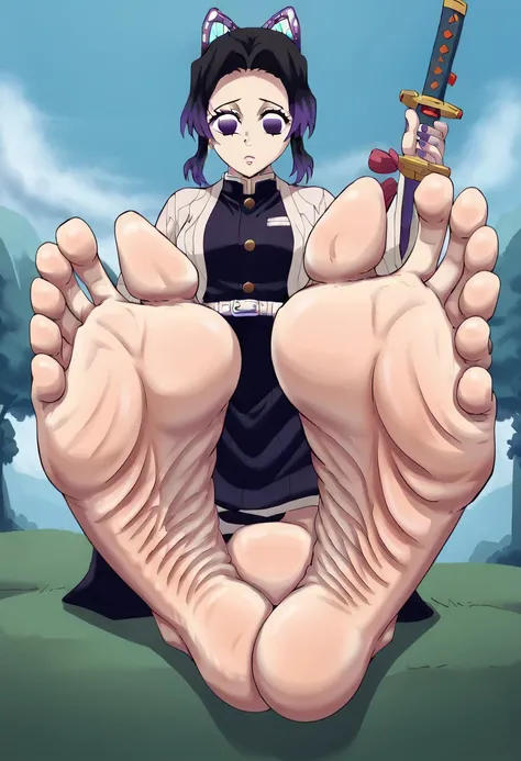 masterpiece, Feet, Foot, foot fetish, soles foot focus, perfect, perfection, kochou shinobu, demon slayer uniform, butterfly hair ornament, solo, hair ornament, weapon, sword, purple hair, multicolored hair, purple eyes, black hair, japanese clothes, gradi...