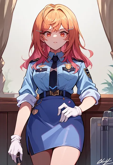 score_9, score_8_up, source_anime, 1girl, solo, IchijouRirika, long hair, hairclip, police uniform, blue shirt, black necktie, badge, sleeves rolled up, white gloves, blue skirt, pencil skirt, <lora:ChamIchijouRirikaPonyXL:1>