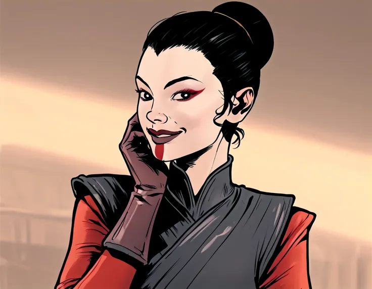 score_9, score_8_up, score_7_up,  <lora:SW_Sosha_Soruna:1> sosha-soruna, star wars, 1girl, solo, black hair, hair bun, gloves, single hair bun, smile, looking at viewer, black eyes, lipstick, makeup, pilot uniform, red sleeves, black vest