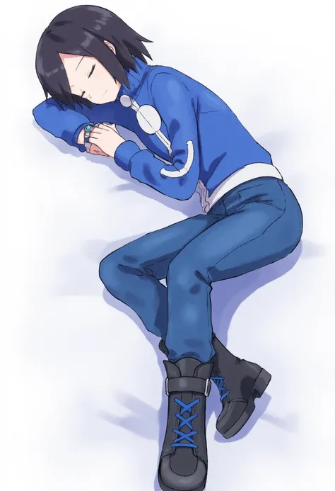 Anime. Calem sleeping, lying on his side. Has black hair and closed eyes. Wearing a blue jacket, blue pants, black boots with blue shoelaces.