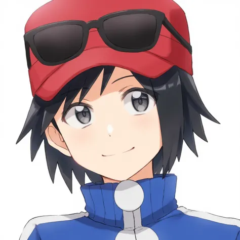 Anime-style portrait of a young boy with grey eyes and black hair named Calem wearing a red cap, black sunglasses on top of the cap, and a blue zip-up jacket with a high collar. He is smiling.