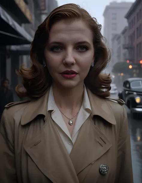 In a gritty, rain-soaked noir setting of 1940s San Francisco, the camera captures a close-up image from a low angle, focusing on A51M45 - a woman with long, wavy brown hair parted in the middle, her intense gaze fixed on an unseen target. Draped in a trenc...