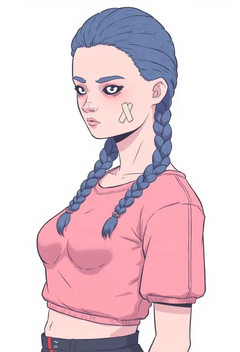 d_perkins, illustration of young woman with blue braids hair,  black eyes, pink croptop, nose bandaid, simple background,