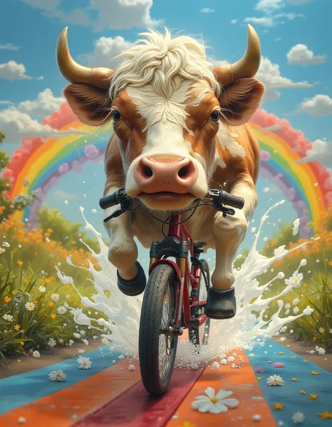 <lora:midjourney_flux-000010:1>,cow riding a bike on a rainbow road.,