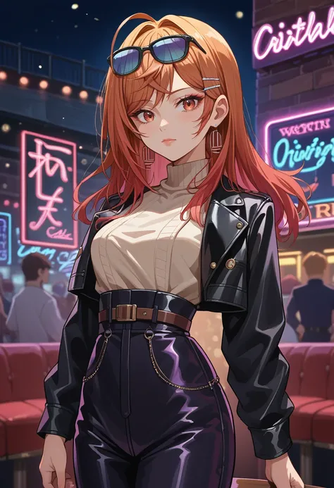 score_9, score_8_up, source_anime, 1girl, solo, IchijouRirika, long hair, hairclip, sunglasses on head, cowboy shot, nightclub, neon lights, bokeh, depth of field, makeup, leather jacket, turtleneck, high waist pants, <lora:ChamIchijouRirikaPonyXL:1>