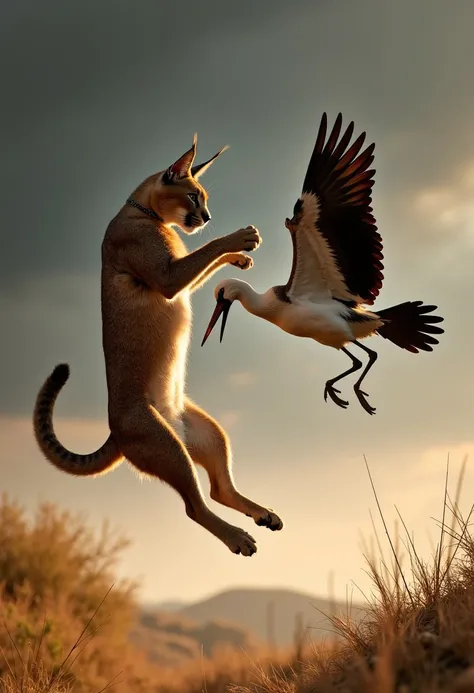 In a dynamic clash of predator and prey, a caracal (mid-leap) locks its piercing gaze on a stork attempting a desperate escape. The caracals (muscular frame) is captured at the peak of its leap, claws extended and eyes sharp with focus. The stork, its wing...