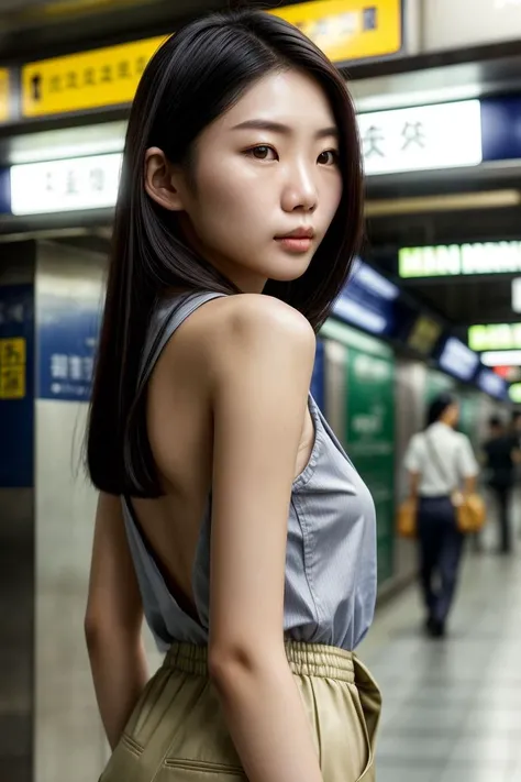 Asian woman, closeup, (shirt), pants, (subway station), gold necklace , (), KM_angelica, wide shoulders, perfect face, (contact iris: 1.1), pale skin, skin pores , depth of field