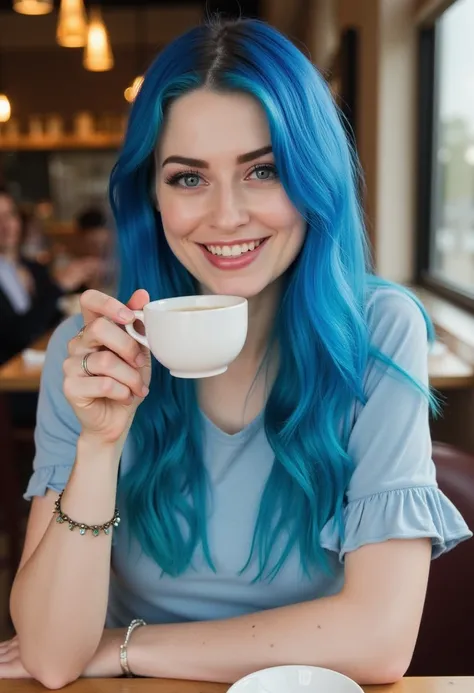 jewelzblu, blue hair, long hair, wearing a band thsirt, sitting in a cafe drinking an espresso. looking at the viewer smiling, happy