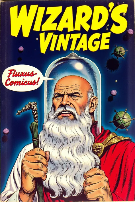 vintage comic book cover, with yellow title that reads "wizards vintage comics", pulp art style sci-fi, wizard whitebeard wearing a tubular glass helmet, a s speech bubble emanates from the wizards mouth, with the word "Fluxus-Comicus!" written in a classi...