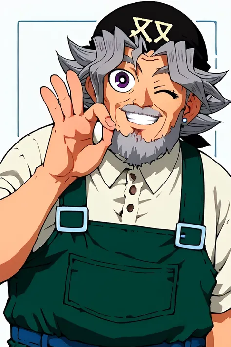 score_9,score_8_up,score_7_up,source_anime,BREAK, elderly, adult, male, Solomon Muto, purple eyes, gray hair, physically fit, large chest and broad shoulders, overalls, shirtless, body hair, headscarf, one eye closed, teeth, smirk, piercing gesture, "OK ge...