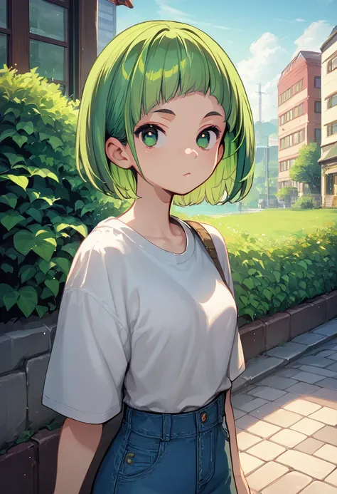 score_9, score_7_up,   1girl,  short hair, green eyes, green hair,  looking at viewer, outdoors,       <lora:Gyokai-000047:1>