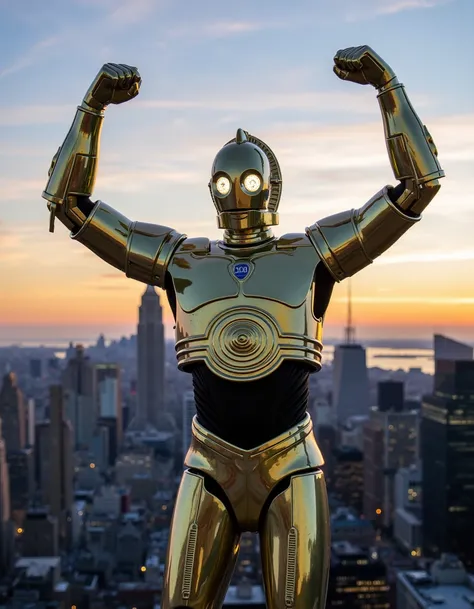 c3po flexing his arm muscles against a city skyline at sunset, dreamy analog style photo