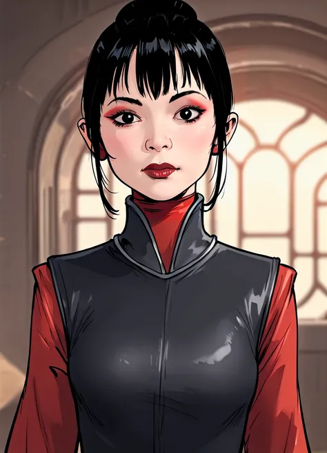 score_9, score_8_up, score_7_up, portrait, <lora:SW_Sosha_Soruna:.7> sosha-soruna, star wars, 1girl, solo, comic, black hair, hair bun, single hair bun, bangs, standing, looking at viewer, black eyes, lipstick, makeup, pilot uniform, black vest, turtleneck...