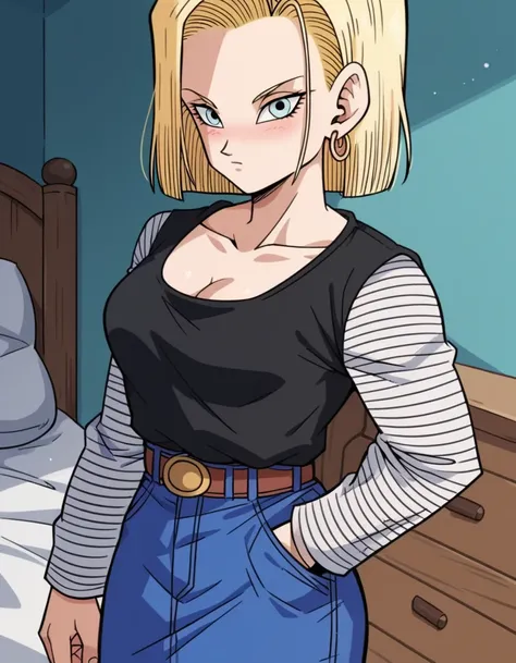 score_9, score_8_up, score_7_up, source_anime, <lora:android-18-anime-ponyxl-lora-nochekaiser:1>, android 18, blonde hair, blue eyes, eyelashes, hoop earrings, short hair, earrings, belt, black legwear, black shirt, breast pocket, cleavage, collarbone, den...