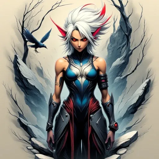 artfntng, white hair, bare shoulders, gradient hair, bodysuit, werewolf, watch, bird, pointy ears, armor