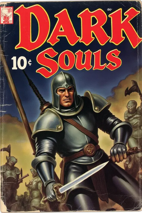 1950s pulp style chivalric vintage comic book cover for "Dark Souls",