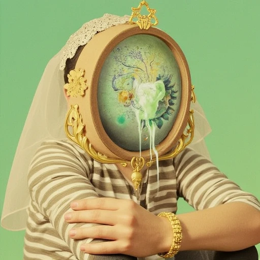 adding to the surreal and whimsical atmosphere.  The overall style is a mix of realistic and fantastical elements, clock, bridal veil, striped shirt, 2boys, with a fair skin tone, adorned with a gold bracelet on the wrist.   The background is a gradient of...