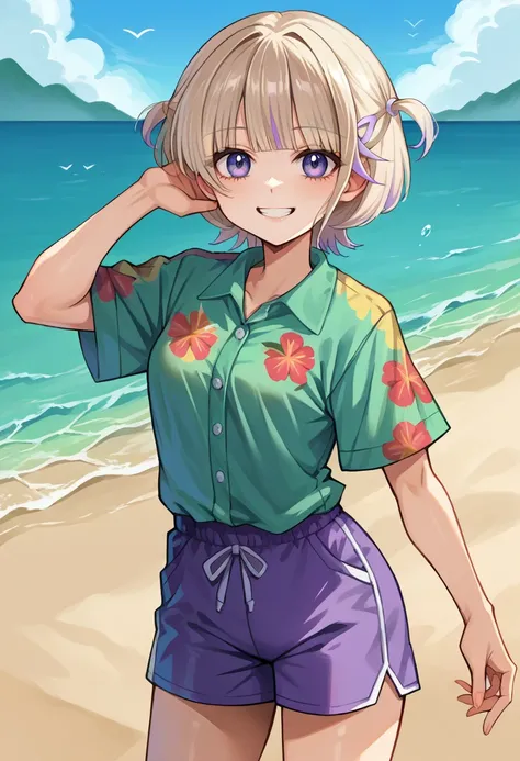 score_9, score_8_up, source_anime, 1girl, solo, TodorokiHajime, multicolored hair, short hair, two side up, hairclip, hawaiian shirt, dress shirt, multicolored shirt, purple shorts, dolphin shorts, smile, outdoors, beach, <lora:ChamTodorokiHajimePonyXL:1>