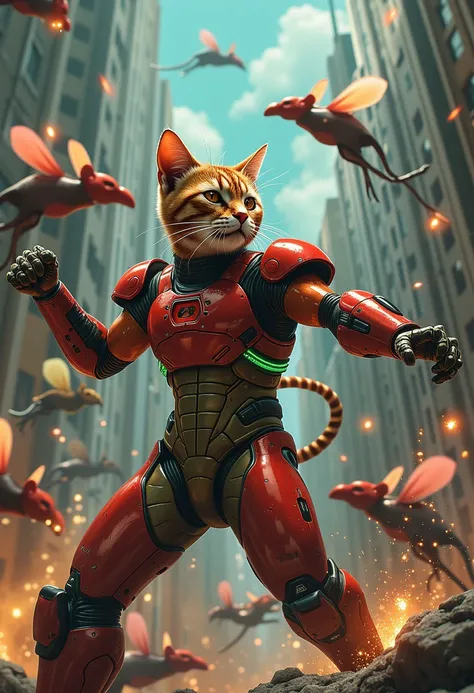 The cat is wearing robot clothing and fighting against many mouse robots, with combat movements, flying dynamics, lasers, rockets, missiles, science fiction, magic, and surrealism,style of Metroid