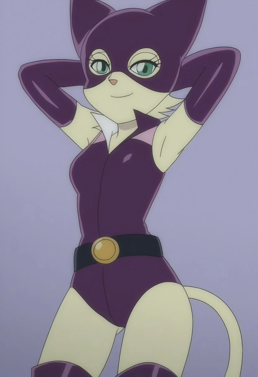 Doraemon-Belle, catgirl, solo, anthro cat, furry, short hair, pale fur, white fur, green eyes, anime, anime style,
purple mask, purple bodysuit, bare shoulders, purple gloves, elbow gloves, black belt, bare thighs, purple boots, thigh-high boots,
bedroom e...