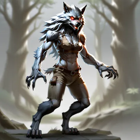 long hair, furry, sharp teeth, sitting, standing, jumping, forest, running, glowing eyes, male focus, grey background, shorts, anamorphic, belt, side view, werewolf, tail, teeth, realistic anime, feminine, digitigrade legs, animal ears, 1boy, breasts, solo