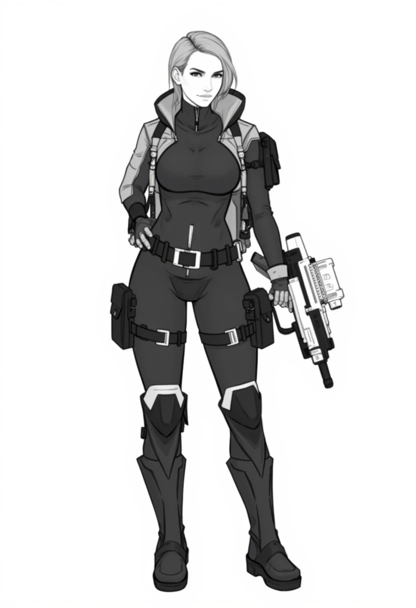 The image in the Haydee style, is a black and white illustration of a female character. She is dressed in a tactical outfit with a formfitting bodysuit, thigh-high boots, and a utility belt with pouches. The outfit is predominantly black with some gray acc...