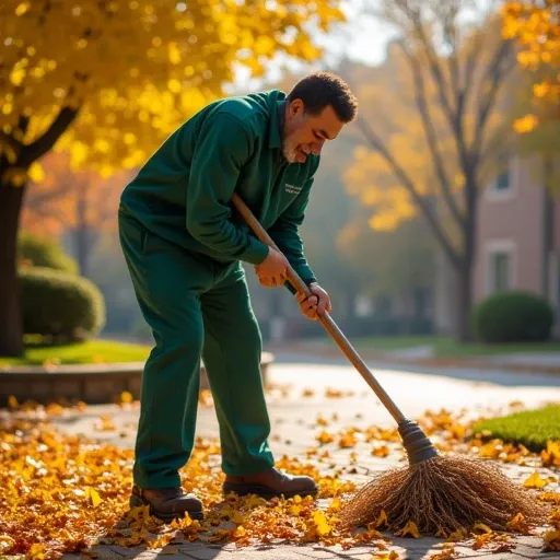 a photo of a dtjpcn janitor raking leaves outside