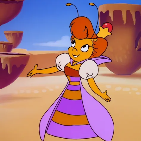 desert, crown, solo, outdoors, sky, official style, puffy sleeves, dress, yellow skin, antennae, smile