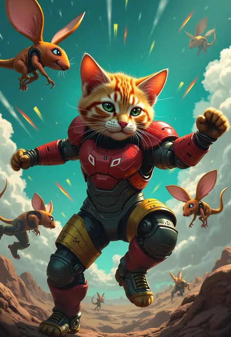 The cat is wearing robot clothing and fighting against many mouse robots, with combat movements, flying dynamics, lasers, rockets, missiles, science fiction, magic, and surrealism,style of Metroid