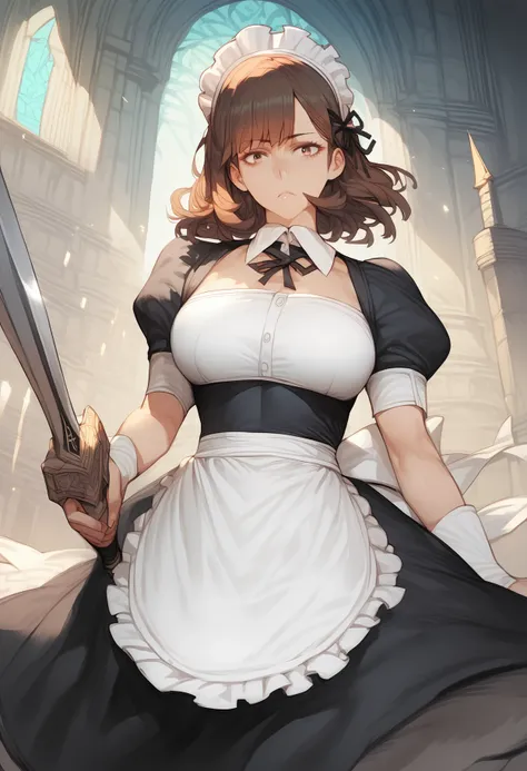 score_9, score_8_up, score_7_up, score_6_up, score_5_up, score_4_up, 1girl, large breasts, medium hair, brown hair, castle, maid, maid headdress, bangs, holding sword, looking at viewer, greatsword, 
<lora:KaikoiAI:1>