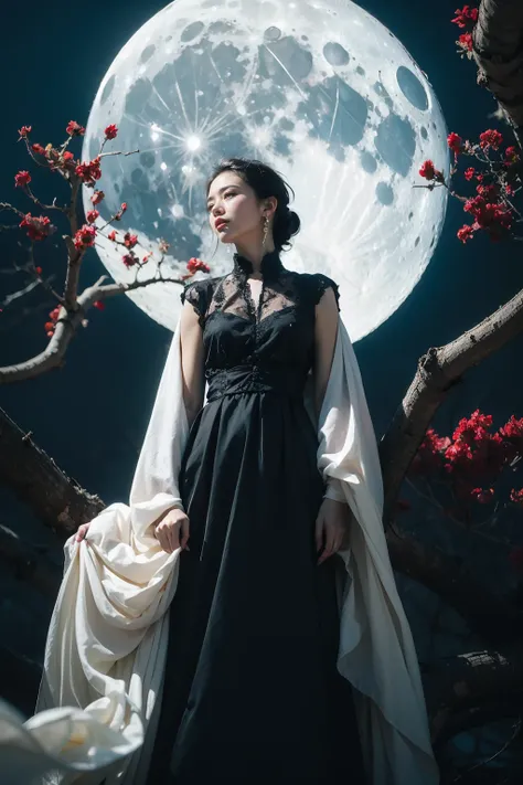 yueying,1girl,solo,black hair,long sleeves,dress,brown eyes,jewelry,standing,earrings,red lips,full_shot,(moon:1.2),<lora:miluæå½±ä½³äºº:0.8>,, cinematic,a sense of scale and narrative,ethereal scenes,peaceful solitude,stunning contrasts and shadow,intro...