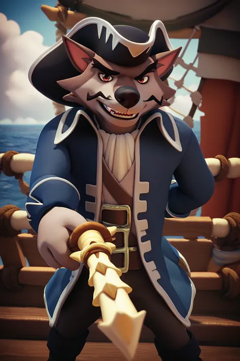 score_9, score_8_up, score_7_up, score_6_up,  front view, looking at viewer, solo, wolf, male, 4 fingers, grey fur, red eyes, devious smirk, black mustache, slender body, standing, pirate hat, pirate clothing, holding sword, pirate ship background, <lora:Q...