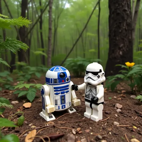 lego star wars set of a cute plastic r2-d2 standing next to a stormtrooper in a forest, lego trees, lego blocks, no blur  <lora:...