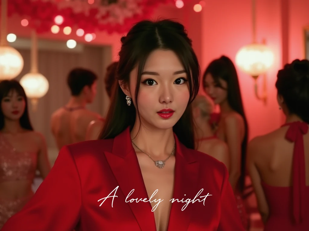 Portrait photo of 人工彼女2.1, black hair, ponytail, wearing a red party dress, in a gorgeous party room, with the text saying "A lovely night" using a wild handwritten font at the bottom