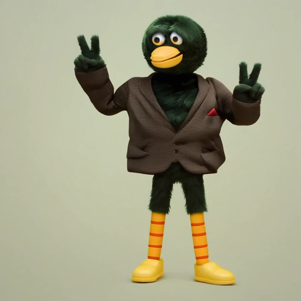 Duck, green puppet, brown jacket, brown suit, full body, yellow beak, smile, solo, no human, peace sign, peace sign hands, hands, puppet hands, puppet eyes, furry males, fluffy, yellow legs, simple background