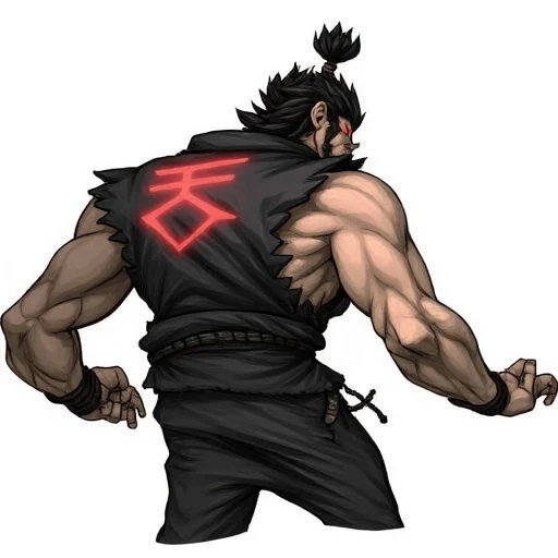 muscular, stomping, glowing symbol on back, sandals, from behind, solo, preparing for combat, japanese symbol, glowing eyes, dark-skinned male, symbol on back, dark skin, topknot, red eyes, ink trail