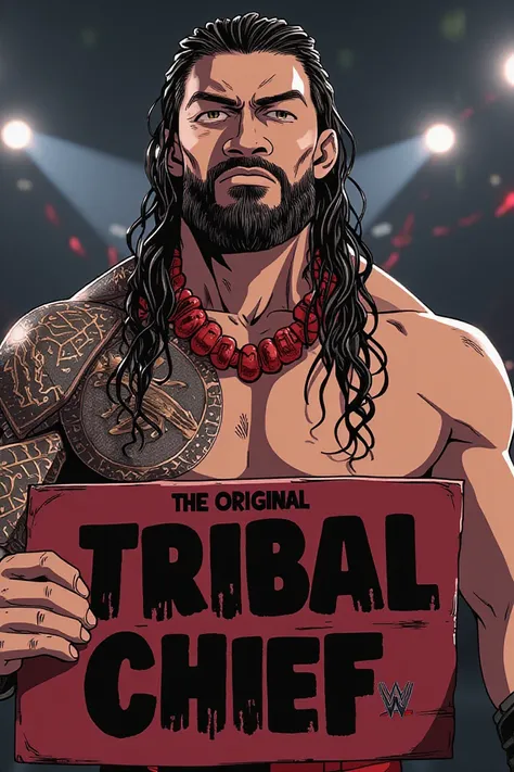 Roman Reigns stands confidently, his jet-black beard and long, flowing locks framing his strong features. He wears a bold red necklace as he holds a prominent sign that proclaims "The ORIGINAL Tribal Chief" in thick, black letters. The camera frames him fr...