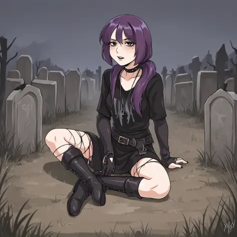 Yana sitting on floor, graveyard
