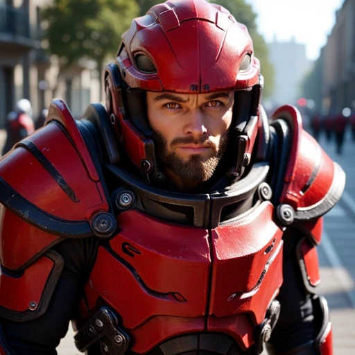 blood, shoulder armor, red armor, motor vehicle, male focus, armor, ground vehicle, road, orange eyes, brown eyes
