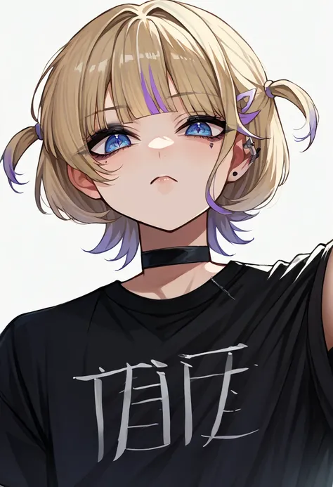 score_9, score_8_up, source_anime, 1girl, solo, TodorokiHajime, multicolored hair, short hair, two side up, hairclip, black shirt, t-shirt, black choker, goth, eyeliner, eyeshadow, <lora:ChamTodorokiHajimePonyXL:1>