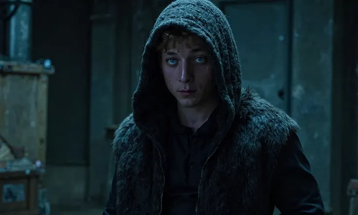 A high-quality cinematic still captures Jeremy Allen White in his late 20s, portraying a gritty, futuristic warrior. The image is a medium shot with a slight low angle, emphasizing his intimidating presence. Jeremy stands centered in the frame, wearing a s...