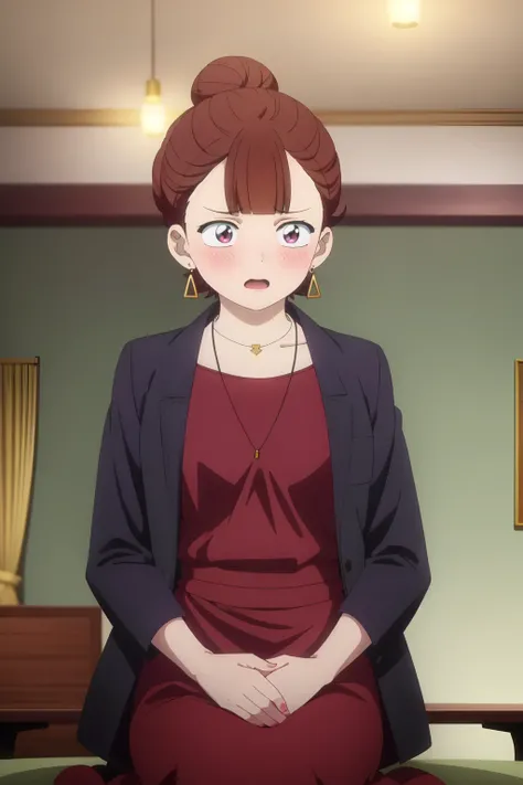 Yamai Ren, 4k, absurd, high resolution, ultra high resolution, high definition, masterpiece, illustration, 2d, anime style, 1girl, solo, blush, open mouth, brown hair, dress, jewelry, sitting, jacket, earrings, indoors, necklace, hair bun, black jacket, lo...