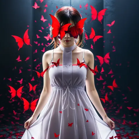 1girl, Mitsuko  <lora:Mitsuko SDXL:1>, blindfolded, white dress, best quality, red butterflies in the background, dark and corrupted background