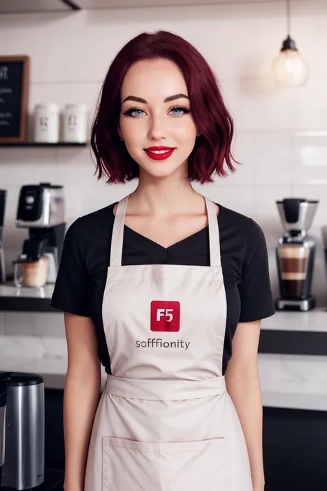 <lora:simonasweety-08:0.6>,,simonasweety, ((detailed eyes, detailed face):1.2),  ((red lipstick, blush, pale skin)), , ,photo of a woman, RAW, ((barista uniform, shirt, apron, coffee)), ((short hair, dark red hair)), ((in a coffee shop)), , 8k uhd, dslr, s...