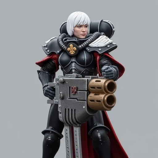 standing, white hair, male focus, gatling gun, power armor, science fiction, sword, grey background, armor, pauldrons