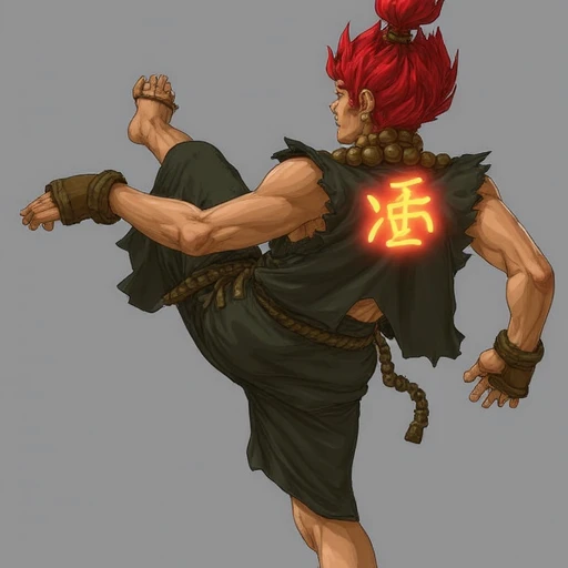 kicking, from behind, topknot, japanese symbol, preparing for battle, prayer beads, glowing symbol on back, from front, beads, attacking, sandals, dark skin, symbol on back, barefoot, red hair