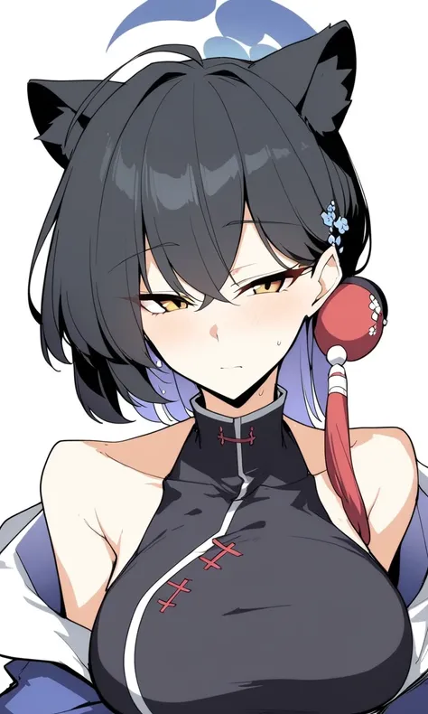 1girl, black hair, animal ears, kaguya_(blue_archive), halcon, bare shoulder