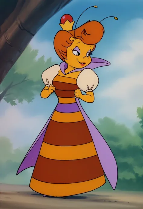 Score 9, Score_8_up, Score_7_up, source furry, (full body in frame:2.0), crown, cartoon, Queenie, honeybee girl, solo, outdoors, sky, puffy sleeves, dress, yellow skin, antennae, smile, honeybee, 3/4 side view, looking at viewer, sexy pose