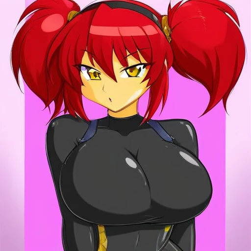 Red hair, twintail hair style, spandex bodysuit, cleavage, sexy pose, huge breast, gold eyes,